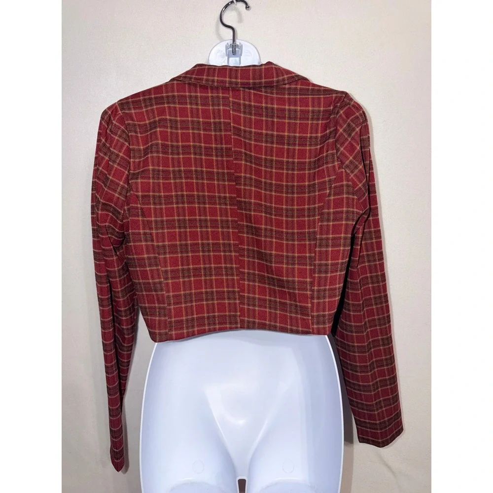 Hyfve Womens Red Plaid Cropped Single Button Blazer Top Small HF22F822